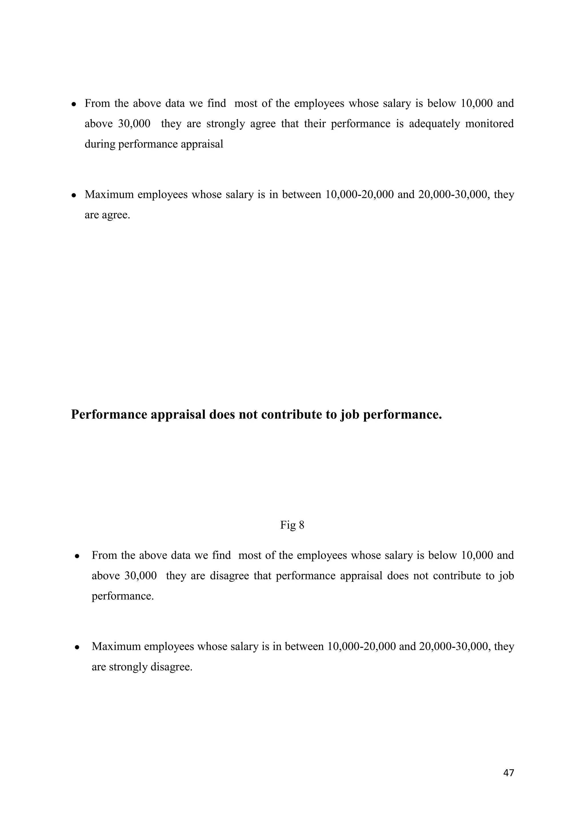 ●   From the above data we find most of the employees whose salary is below 10,000 and
    above 30,000 they are strongly agree that their performance is adequately monitored
    during performance appraisal



●   Maximum employees whose salary is in between 10,000-20,000 and 20,000-30,000, they
    are agree.




Performance appraisal does not contribute to job performance.




                                          Fig 8

●    From the above data we find most of the employees whose salary is below 10,000 and
     above 30,000 they are disagree that performance appraisal does not contribute to job
     performance.



●    Maximum employees whose salary is in between 10,000-20,000 and 20,000-30,000, they
     are strongly disagree.




                                                                                      47
 