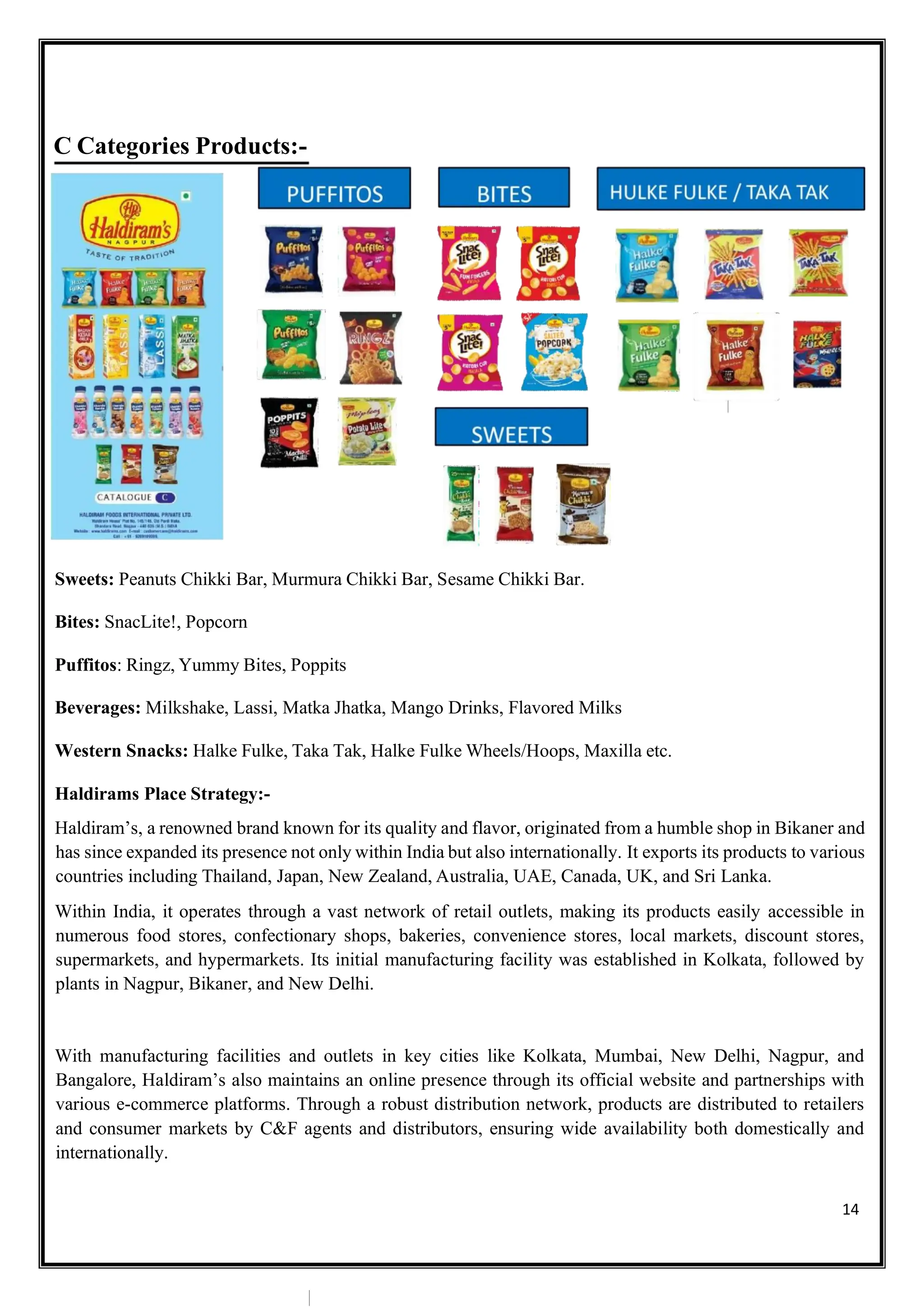14
C Categories Products:-
Sweets: Peanuts Chikki Bar, Murmura Chikki Bar, Sesame Chikki Bar.
Bites: SnacLite!, Popcorn
Puffitos: Ringz, Yummy Bites, Poppits
Beverages: Milkshake, Lassi, Matka Jhatka, Mango Drinks, Flavored Milks
Western Snacks: Halke Fulke, Taka Tak, Halke Fulke Wheels/Hoops, Maxilla etc.
Haldirams Place Strategy:-
Haldiram’s, a renowned brand known for its quality and flavor, originated from a humble shop in Bikaner and
has since expanded its presence not only within India but also internationally. It exports its products to various
countries including Thailand, Japan, New Zealand, Australia, UAE, Canada, UK, and Sri Lanka.
Within India, it operates through a vast network of retail outlets, making its products easily accessible in
numerous food stores, confectionary shops, bakeries, convenience stores, local markets, discount stores,
supermarkets, and hypermarkets. Its initial manufacturing facility was established in Kolkata, followed by
plants in Nagpur, Bikaner, and New Delhi.
With manufacturing facilities and outlets in key cities like Kolkata, Mumbai, New Delhi, Nagpur, and
Bangalore, Haldiram’s also maintains an online presence through its official website and partnerships with
various e-commerce platforms. Through a robust distribution network, products are distributed to retailers
and consumer markets by C&F agents and distributors, ensuring wide availability both domestically and
internationally.
 