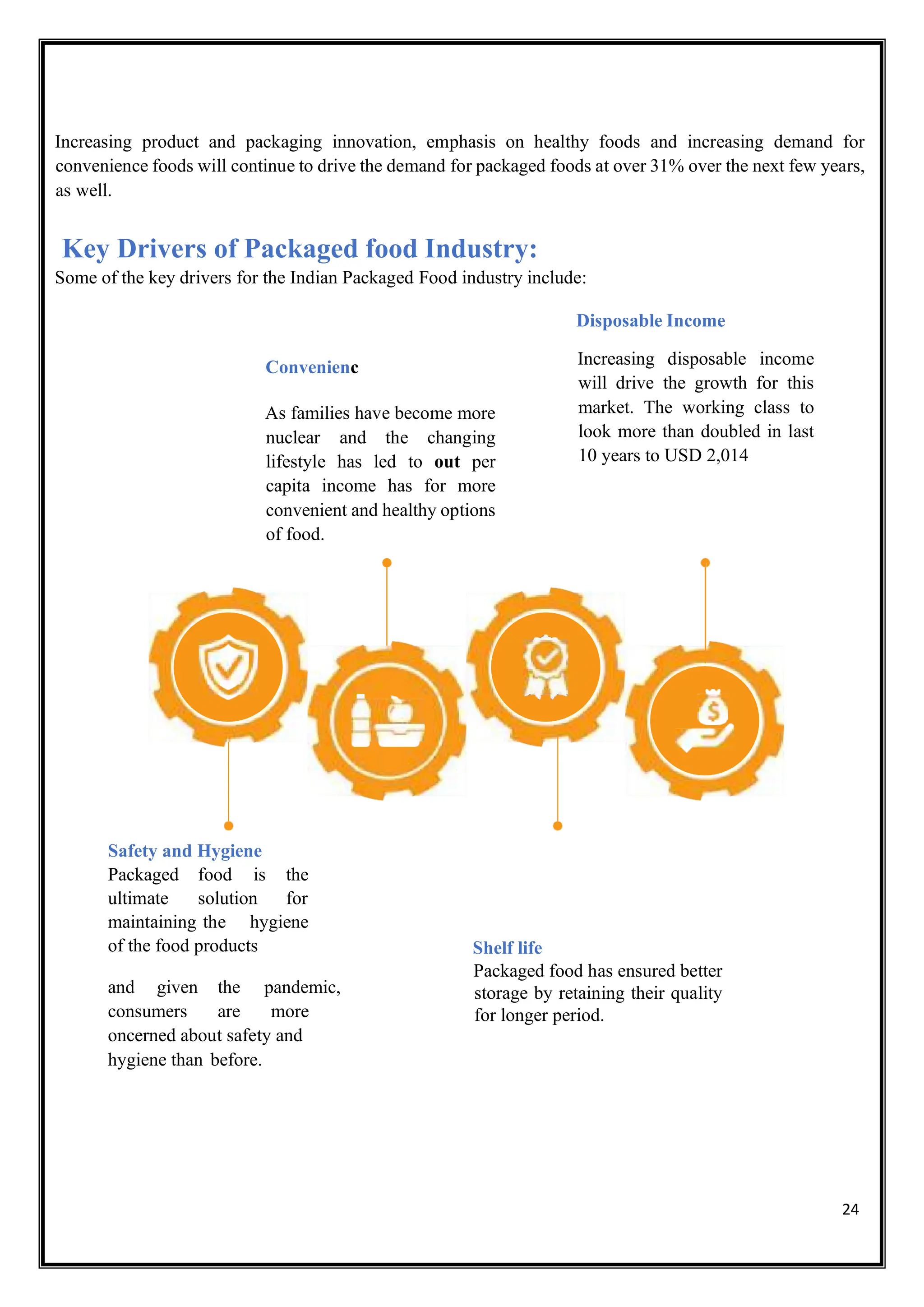 24
Increasing product and packaging innovation, emphasis on healthy foods and increasing demand for
convenience foods will continue to drive the demand for packaged foods at over 31% over the next few years,
as well.
Key Drivers of Packaged food Industry:
Some of the key drivers for the Indian Packaged Food industry include:
Convenienc
As families have become more
nuclear and the changing
lifestyle has led to out per
capita income has for more
convenient and healthy options
of food.
Disposable Income
Increasing disposable income
will drive the growth for this
market. The working class to
look more than doubled in last
10 years to USD 2,014
Safety and Hygiene
Packaged food is the
ultimate solution for
maintaining the hygiene
of the food products
and given the pandemic,
consumers are more
oncerned about safety and
hygiene than before.
Shelf life
Packaged food has ensured better
storage by retaining their quality
for longer period.
 