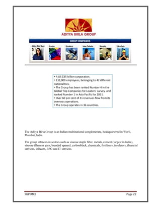 SKPIMCS Page 22
The Aditya Birla Group is an Indian multinational conglomerate, headquartered in Worli,
Mumbai, India.
The group interests in sectors such as viscose staple fibre, metals, cement (largest in India),
viscose filament yarn, branded apparel, carbonblack, chemicals, fertilisers, insulators, financial
services, telecom, BPO and IT services.
 