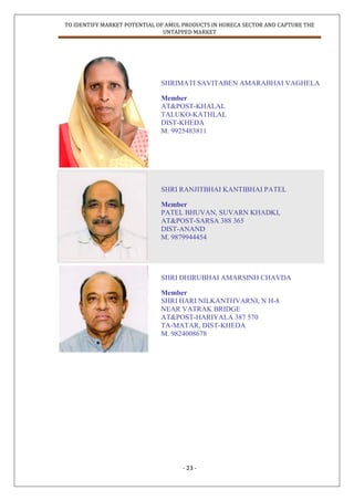 TO IDENTIFY MARKET POTENTIAL OF AMUL PRODUCTS IN HORECA SECTOR AND CAPTURE THE
UNTAPPED MARKET
- 23 -
SHRIMATI SAVITABEN AMARABHAI VAGHELA
Member
AT&POST-KHALAL
TALUKO-KATHLAL
DIST-KHEDA
M. 9925483811
SHRI RANJITBHAI KANTIBHAI PATEL
Member
PATEL BHUVAN, SUVARN KHADKI,
AT&POST-SARSA 388 365
DIST-ANAND
M. 9879944454
SHRI DHIRUBHAI AMARSINH CHAVDA
Member
SHRI HARI NILKANTHVARNI, N H-8
NEAR VATRAK BRIDGE
AT&POST-HARIYALA 387 570
TA-MATAR, DIST-KHEDA
M. 9824008678
 