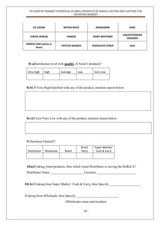 TO IDENTIFY MARKET POTENTIAL OF AMUL PRODUCTS IN HORECA SECTOR AND CAPTURE THE
UNTAPPED MARKET
- 47 -
ICE CREAM MITHAI MATE MARGARINE GHEE
CHEESE SPREAD PANEER DAIRY WHITENER
LIQUID/POWDER
CREAMER
FRENCH FRIES (6mm or
9mm)
POTATO WEDGES CHOCOLATE SYRUP Dahi
8) a)Satisfaction level with quality of Amul‟s products?
Very High High Average Low Very Low
8) b) If Very High/Satisfied with any of the product, mention reason below:
8) c)If Low/Very Low with any of the product, mention reason below:
9) Purchase Channel*:
Distributor Wholesale Retail
Direct
Party
Super Market/
Cash & Carry
10)a)If taking Amul products, then which Amul Distributor is serving the HoReCA?
Distributor Name: ____________________ Location: ________________________
10) b) If taking from Super Market / Cash & Carry, then Specify: ___________________
If taking from Wholesale, then Specify: __________________________
(Wholesaler name and number)
 