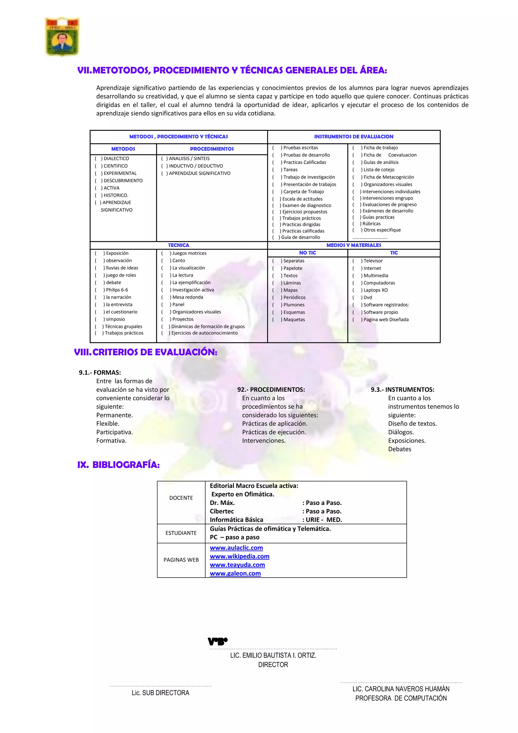 VII. METOTODOS, PROCEDIMIENTO Y TÉCNICAS GENERALES DEL ÁREA:
Aprendizaje significativo partiendo de las experiencias y conocimientos previos de los alumnos para lograr nuevos aprendizajes
desarrollando su creatividad, y que el alumno se sienta capaz y partícipe en todo aquello que quiere conocer. Continuas prácticas
dirigidas en el taller, el cual el alumno tendrá la oportunidad de idear, aplicarlos y ejecutar el proceso de los contenidos de
aprendizaje siendo significativos para ellos en su vida cotidiana.
METODOS , PROCEDIMIENTO Y TÉCNICAS
METODOS
(
(
(
(
(
(
(

) DIALECTICO
) CIENTIFICO
) EXPERIMENTAL
) DESCUBRIMIENTO
) ACTIVA
) HISTORICO.
) APRENDIZAJE
SIGNIFICATIVO

(
(
(
(
(
(
(
(
(
(
(
(

) Exposición
) observación
) lluvias de ideas
) juego de roles
) debate
) Philips 6-6
) la narración
) la entrevista
) el cuestionario
) simposio
) Técnicas grupales
) Trabajos prácticos

INSTRUMENTOS DE EVALUACION
( ) Pruebas escritas
( ) Pruebas de desarrollo
( ) Practicas Calificadas
( ) Tareas
( ) Trabajo de investigación
( ) Presentación de trabajos
( ) Carpeta de Trabajo
( ) Escala de actitudes
( ) Examen de diagnostico
( ) Ejercicios propuestos
( ) Trabajos prácticos
( ) Practicas dirigidas
( ) Practicas calificadas
( ) Guía de desarrollo

PROCEDIMIENTOS
( ) ANALIISIS / SINTEIS
( ) INDUCTIVO / DEDUCTIVO
( ) APRENDIZAJE SIGNIFICATIVO

(
(
(
(
(
(
(
(
(
(
(
(

TECNICA
) Juegos motrices
) Canto
) La visualización
) La lectura
) La ejemplificación
) Investigación activa
) Mesa redonda
) Panel
) Organizadores visuales
) Proyectos
) Dinámicas de formación de grupos
) Ejercicios de autoconocimiento

( ) Ficha de trabajo
( ) Ficha de Coevaluacion
( ) Guías de análisis
( ) Lista de cotejo
( ) Ficha de Metacognición
( ) Organizadores visuales
( ) Intervenciones individuales
( ) Intervenciones engrupo
( ) Evaluaciones de progreso
( ) Exámenes de desarrollo
( ) Guías practicas
( ) Rúbricas
( ) Otros especifique
………………………..

MEDIOS Y MATERIALES
(
(
(
(
(
(
(
(
(

NO TIC
) Separatas
) Papelote
) Textos
) Láminas
) Mapas
) Periódicos
) Plumones
) Esquemas
) Maquetas

(
(
(
(
(
(
(
(
(

TIC
) Televisor
) Internet
) Multimedia
) Computadoras
) Laptops XO
) Dvd
) Software registrados:
) Software propio
) Pagina web Diseñada

VIII. CRITERIOS DE EVALUACIÓN:
9.1.- FORMAS:
Entre las formas de
evaluación se ha visto por
conveniente considerar lo
siguiente:
Permanente.
Flexible.
Participativa.
Formativa.

92.- PROCEDIMIENTOS:
En cuanto a los
procedimientos se ha
considerado los siguientes:
Prácticas de aplicación.
Prácticas de ejecución.
Intervenciones.

9.3.- INSTRUMENTOS:
En cuanto a los
instrumentos tenemos lo
siguiente:
Diseño de textos.
Diálogos.
Exposiciones.
Debates

IX. BIBLIOGRAFÍA:

DOCENTE

ESTUDIANTE

PAGINAS WEB

Editorial Macro Escuela activa:
Experto en Ofimática.
Dr. Máx.
: Paso a Paso.
Cibertec
: Paso a Paso.
Informática Básica
: URIE - MED.
Guías Prácticas de ofimática y Telemática.
PC – paso a paso
www.aulaclic.com
www.wikipedia.com
www.teayuda.com
www.galeon.com

………………………………………………..……..…..……

LIC. EMILIO BAUTISTA I. ORTIZ.
DIRECTOR
………………………………………………..…

Lic. SUB DIRECTORA

………………………………………………..……..…..…

LIC. CAROLINA NAVEROS HUAMÁN
PROFESORA DE COMPUTACIÓN
Lic. Carolina Naveros Huamán

 
