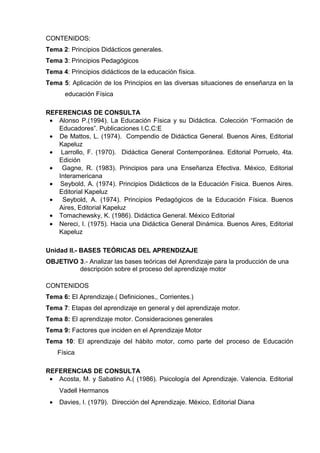 CONTENIDOS:
Tema 2: Principios Didácticos generales.
Tema 3: Principios Pedagógicos
Tema 4: Principios didácticos de la educación física.
Tema 5: Aplicación de los Principios en las diversas situaciones de enseñanza en la
educación Física
REFERENCIAS DE CONSULTA
• Alonso P.(1994). La Educación Física y su Didáctica. Colección “Formación de
Educadores”. Publicaciones I.C.C:E
• De Mattos, L. (1974). Compendio de Didáctica General. Buenos Aires, Editorial
Kapeluz
• Larrollo, F. (1970). Didáctica General Contemporánea. Editorial Porruelo, 4ta.
Edición
• Gagne, R. (1983). Principios para una Enseñanza Efectiva. México, Editorial
Interamericana
• Seybold, A. (1974). Principios Didácticos de la Educación Física. Buenos Aires.
Editorial Kapeluz
• Seybold, A. (1974). Principios Pedagógicos de la Educación Física. Buenos
Aires, Editorial Kapeluz
• Tomachewsky, K. (1986). Didáctica General. México Editorial
• Nereci, I. (1975). Hacia una Didáctica General Dinámica. Buenos Aires, Editorial
Kapeluz
Unidad II.- BASES TEÓRICAS DEL APRENDIZAJE
OBJETIVO 3.- Analizar las bases teóricas del Aprendizaje para la producción de una
descripción sobre el proceso del aprendizaje motor
CONTENIDOS
Tema 6: El Aprendizaje.( Definiciones,, Corrientes.)
Tema 7: Etapas del aprendizaje en general y del aprendizaje motor.
Tema 8: El aprendizaje motor. Consideraciones generales
Tema 9: Factores que inciden en el Aprendizaje Motor
Tema 10: El aprendizaje del hábito motor, como parte del proceso de Educación
Física
REFERENCIAS DE CONSULTA
• Acosta, M. y Sabatino A.( (1986). Psicología del Aprendizaje. Valencia. Editorial
Vadell Hermanos
• Davies, I. (1979). Dirección del Aprendizaje. México, Editorial Diana
 
