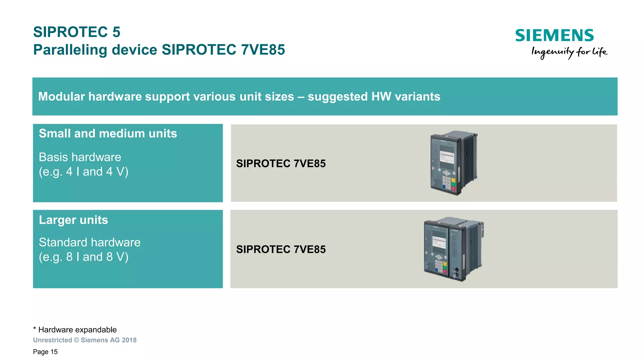 Unrestricted © Siemens AG 2018
Page 15
SIPROTEC 5
Paralleling device SIPROTEC 7VE85
Larger units
Standard hardware
(e.g. 8 I and 8 V)
Small and medium units
Basis hardware
(e.g. 4 I and 4 V)
SIPROTEC 7VE85
SIPROTEC 7VE85
Modular hardware support various unit sizes – suggested HW variants
* Hardware expandable
 