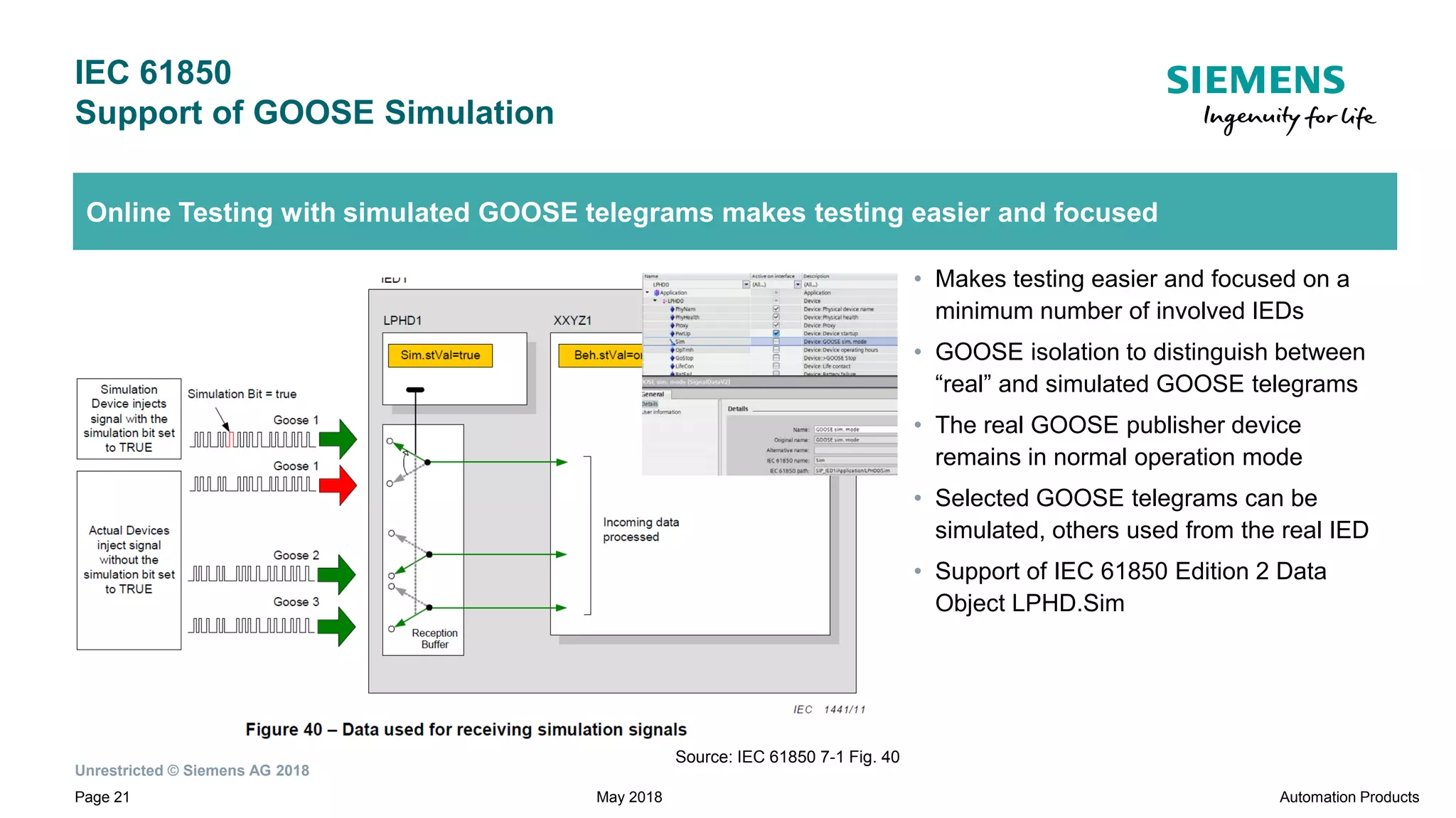 Unrestricted © Siemens AG 2018
Page 21
IEC 61850
Support of GOOSE Simulation
Automation ProductsMay 2018
Online Testing with simulated GOOSE telegrams makes testing easier and focused
Source: IEC 61850 7-1 Fig. 40
• Makes testing easier and focused on a
minimum number of involved IEDs
• GOOSE isolation to distinguish between
“real” and simulated GOOSE telegrams
• The real GOOSE publisher device
remains in normal operation mode
• Selected GOOSE telegrams can be
simulated, others used from the real IED
• Support of IEC 61850 Edition 2 Data
Object LPHD.Sim
 