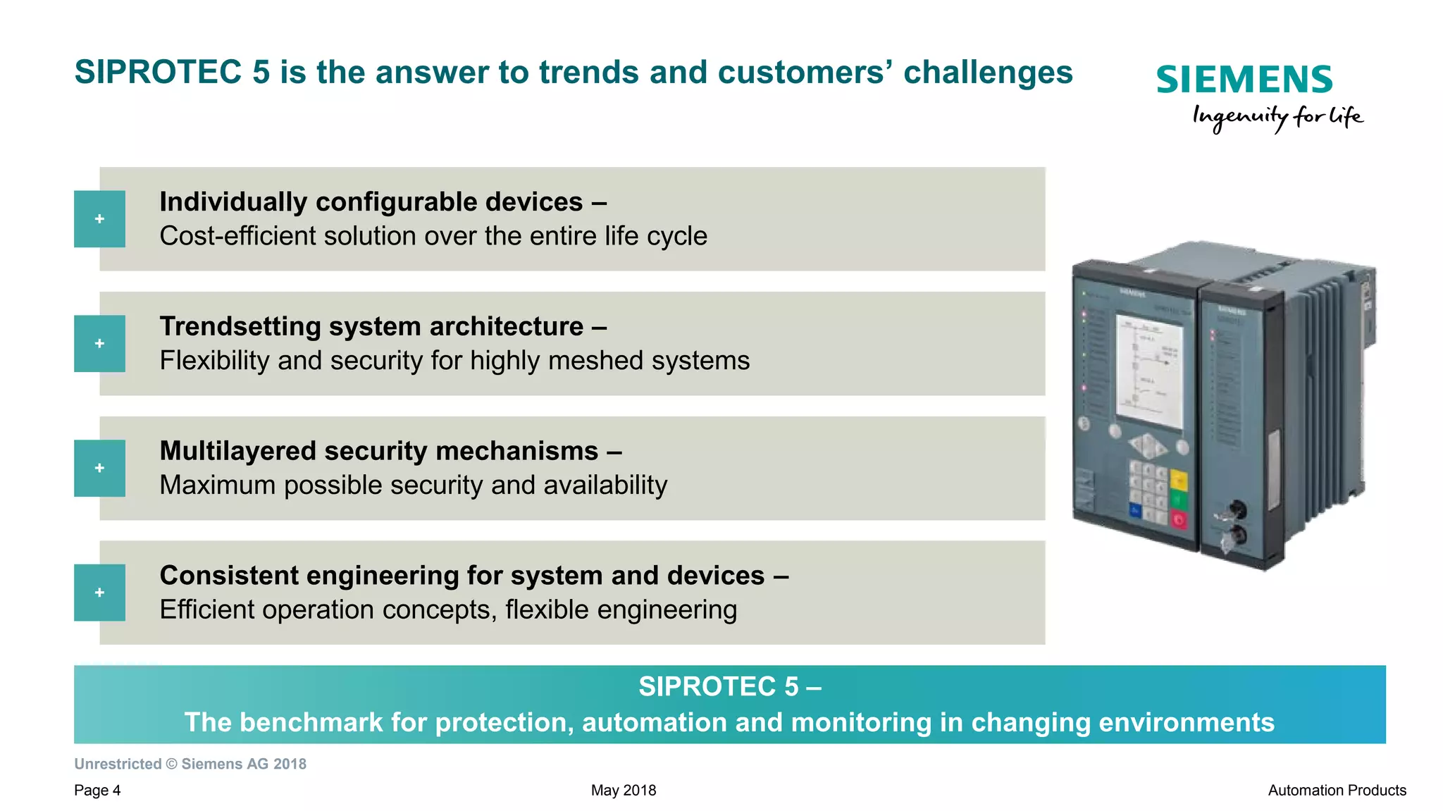 Unrestricted © Siemens AG 2018
Page 4 Automation ProductsMay 2018
Individually configurable devices –
Cost-efficient solution over the entire life cycle
Trendsetting system architecture –
Flexibility and security for highly meshed systems
Multilayered security mechanisms –
Maximum possible security and availability
Consistent engineering for system and devices –
Efficient operation concepts, flexible engineering
+
+
+
+
SIPROTEC 5 –
The benchmark for protection, automation and monitoring in changing environments
SIPROTEC 5 is the answer to trends and customers’ challenges
 