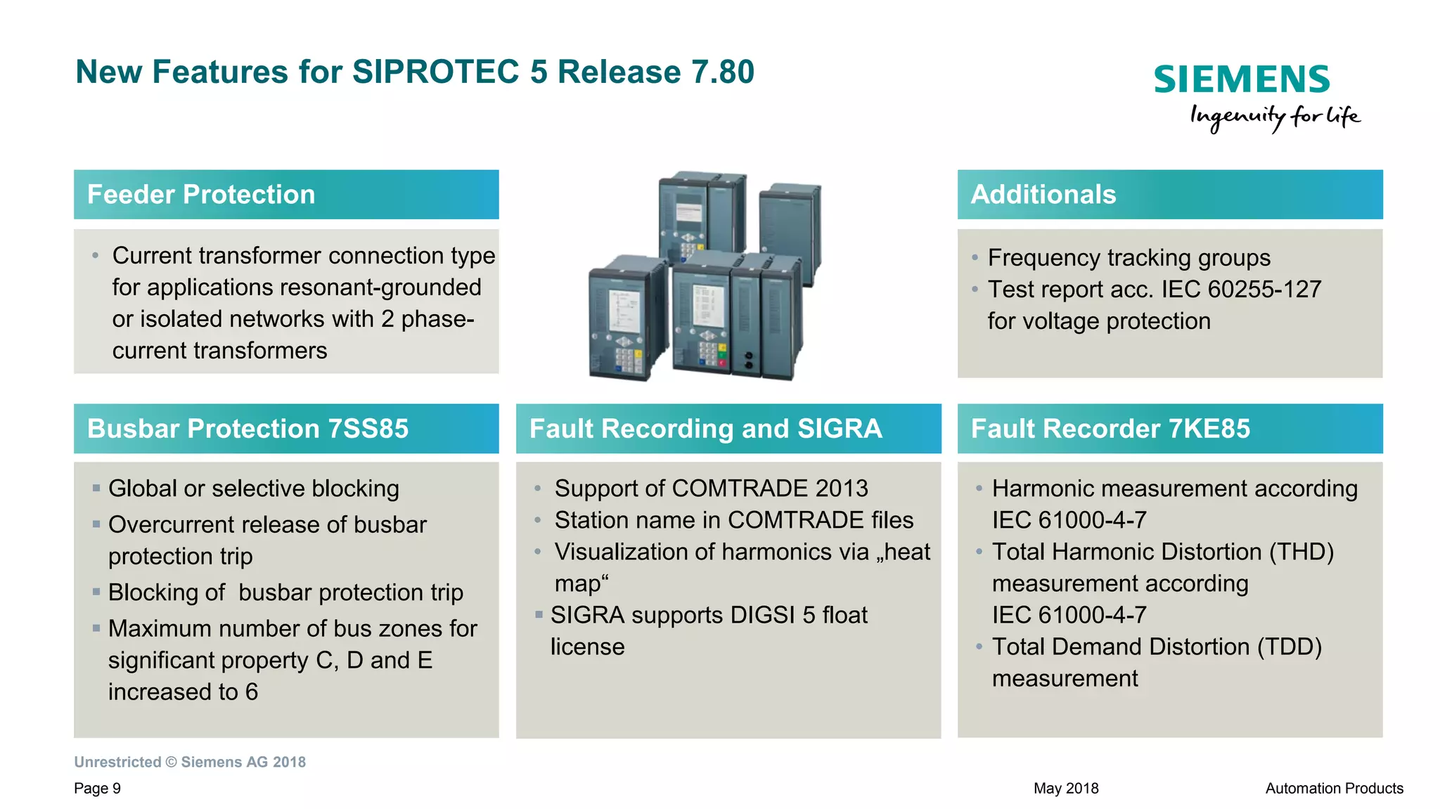 Unrestricted © Siemens AG 2018
Page 9
New Features for SIPROTEC 5 Release 7.80
 Global or selective blocking
 Overcurrent release of busbar
protection trip
 Blocking of busbar protection trip
 Maximum number of bus zones for
significant property C, D and E
increased to 6
Busbar Protection 7SS85
• Current transformer connection type
for applications resonant-grounded
or isolated networks with 2 phase-
current transformers
Feeder Protection
• Support of COMTRADE 2013
• Station name in COMTRADE files
• Visualization of harmonics via „heat
map“
 SIGRA supports DIGSI 5 float
license
Fault Recording and SIGRA
• Harmonic measurement according
IEC 61000-4-7
• Total Harmonic Distortion (THD)
measurement according
IEC 61000-4-7
• Total Demand Distortion (TDD)
measurement
Fault Recorder 7KE85
May 2018 Automation Products
• Frequency tracking groups
• Test report acc. IEC 60255-127
for voltage protection
Additionals
 