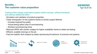 Unrestricted © Siemens 2019
May 2019Page 8 SI DG SA&P / Energy Automation Products
Benefits –
The customer value proposition
Testing of the energy automation system within minutes, without hardware
and without additional effort
• Simulation and validation of product properties
• Faster energization of new systems thanks to shorter project lifetimes
• Increase engineering quality
• Virtual testing before start of commissioning
• Shortest commissioning times
• Reduced OPEX with shorter outages for higher availability thanks to better pre-testing
• Efficient, scalable trainings on the job
• Fast and realistic fault analysis by easily reproducing the behavior of products and systems
Outage
management
Agility and FlexibilityTime and Costs
Training and
maintenance
 