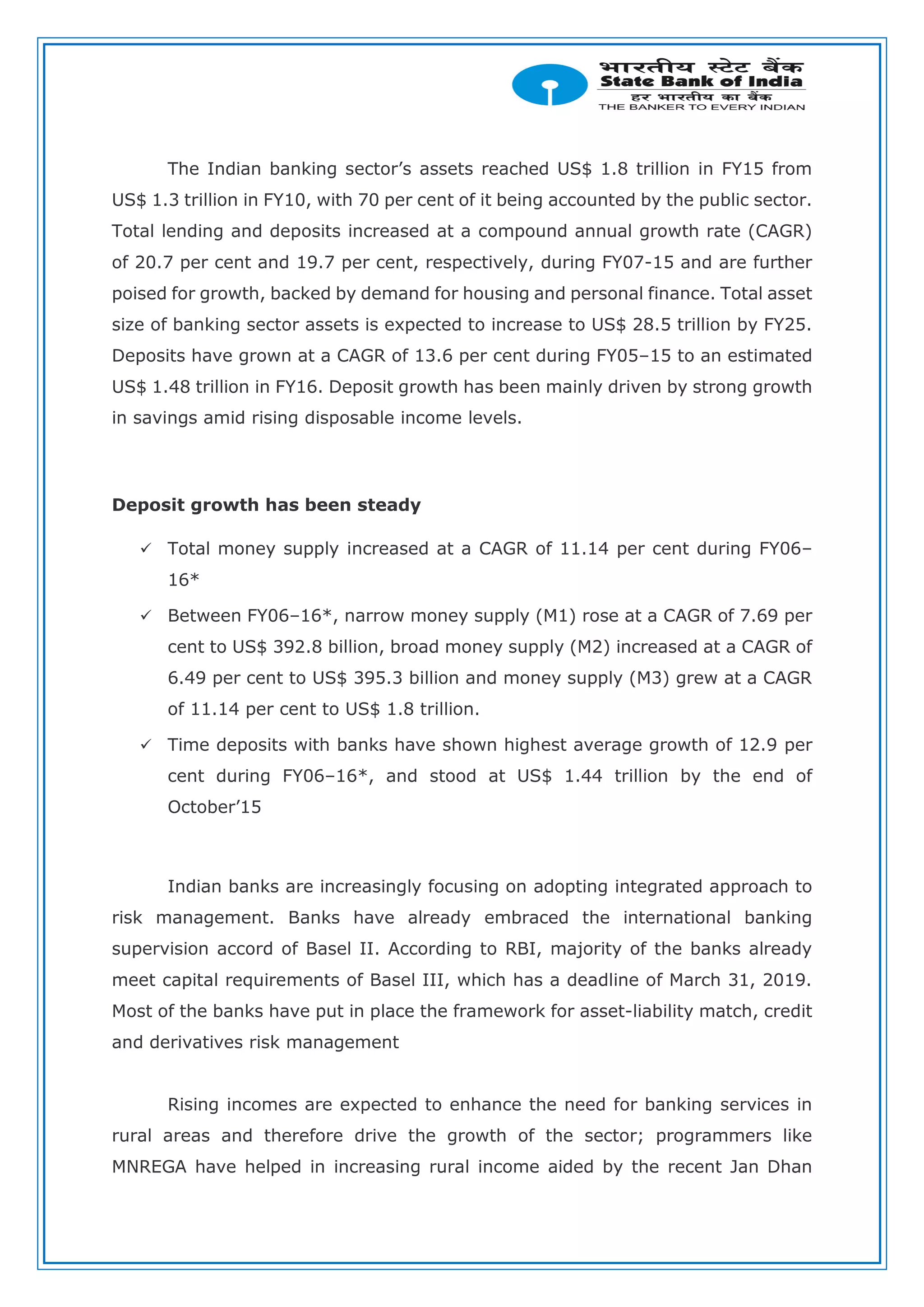 The Indian banking sector’s assets reached US$ 1.8 trillion in FY15 from
US$ 1.3 trillion in FY10, with 70 per cent of it being accounted by the public sector.
Total lending and deposits increased at a compound annual growth rate (CAGR)
of 20.7 per cent and 19.7 per cent, respectively, during FY07-15 and are further
poised for growth, backed by demand for housing and personal finance. Total asset
size of banking sector assets is expected to increase to US$ 28.5 trillion by FY25.
Deposits have grown at a CAGR of 13.6 per cent during FY05–15 to an estimated
US$ 1.48 trillion in FY16. Deposit growth has been mainly driven by strong growth
in savings amid rising disposable income levels.
Deposit growth has been steady
 Total money supply increased at a CAGR of 11.14 per cent during FY06–
16*
 Between FY06–16*, narrow money supply (M1) rose at a CAGR of 7.69 per
cent to US$ 392.8 billion, broad money supply (M2) increased at a CAGR of
6.49 per cent to US$ 395.3 billion and money supply (M3) grew at a CAGR
of 11.14 per cent to US$ 1.8 trillion.
 Time deposits with banks have shown highest average growth of 12.9 per
cent during FY06–16*, and stood at US$ 1.44 trillion by the end of
October’15
Indian banks are increasingly focusing on adopting integrated approach to
risk management. Banks have already embraced the international banking
supervision accord of Basel II. According to RBI, majority of the banks already
meet capital requirements of Basel III, which has a deadline of March 31, 2019.
Most of the banks have put in place the framework for asset-liability match, credit
and derivatives risk management
Rising incomes are expected to enhance the need for banking services in
rural areas and therefore drive the growth of the sector; programmers like
MNREGA have helped in increasing rural income aided by the recent Jan Dhan
 