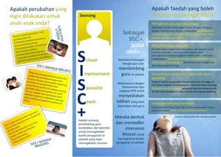 Apakah perubahan yang
ingin dilakukan untuk
anak-anak anda?
Apakah faedah yang boleh
anda terima sebagai SISC+?
S
I
S
C
+
chool
mprovement
pecialist
oach
Seorang
Membina hubungan
dengan guru dan
membimbing
guru di sekolah
Bekerjasama dengan
Kementerian dan
pegawai PPD untuk
menyediakan
latihan yang amat
diperlukan oleh guru
Mereka bentuk
dan mentadbir
intervensi
khusus untuk
meningkatkan kualiti
pengajaran di sekolah
Adalah seorang
pembimbing guru
berdedikasi dan komited
untuk meningkatkan
kualiti pengajaran di
sekolah yang ingin
meningkatkan prestasi
Sebagai
SISC+,
anda
akan…
Laluan kerjaya yang dipercepat
1Selaku pendidik yang terbaik, SISC+ menikmati kemajuan kerjaya
yang pesat melalui laluan kerjaya Cemerlang baharu
1 Sedang dibangunkan dan dimuktamadkan
Peningkatan peluang untuk impak
Anda akan membina hubungan khusus dengan ~20 guru.
Dengan membimbing 20 guru, anda boleh meningkatkan
kualiti pengajaran sebanyak 20 kali ganda berbanding
dengan seorang guru biasa
Pendidik yang terbaik tidak akan keluar dari sekolah untuk
menjadi pentadbir – peranan anda adalah untuk
meningkatkan kualiti pengajaran. Selaku SISC+, anda akan
menghabiskan sekurang-kurangnya 80% daripada masa
anda bekerja dengan guru, bukannya untuk mengumpul
data atau mengisi borang
Masa bimbingan berkualiti
Pertumbuhan profesional yang tidak dapat
ditandingi
Program latihan yang boleh diakses sebanyak 15 hingga 20
hari dalam setahun. Di samping itu, anda akan diberi seorang
Jurulatih Utama Peribadi yang akan bekerja bersama anda
di PPD untuk membantu anda menjadi seorang pembimbing
 