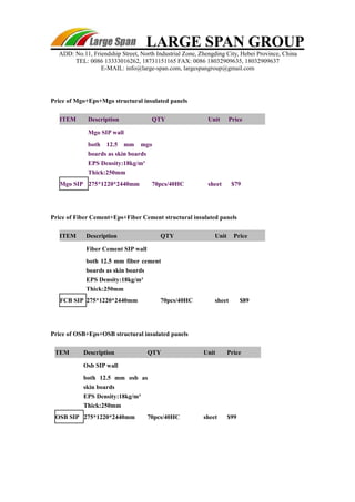 LARGE SPAN GROUP 
ADD: No.11, Friendship Street, North Industrial Zone, Zhengding City, Hebei Province, China 
TEL: 0086 13333016262, 18731151165 FAX: 0086 18032909635, 18032909637 
E-MAIL: info@large-span.com, largespangroup@gmail.com 
Price of Mgo+Eps+Mgo structural insulated panels 
ITEM Description QTY Unit Price 
Mgo SIP wall 
both 12.5 mm mgo 
boards as skin boards 
EPS Density:18kg/m³ 
Thick:250mm 
Mgo SIP 275*1220*2440mm 70pcs/40HC sheet $79 
Price of Fiber Cement+Eps+Fiber Cement structural insulated panels 
ITEM Description QTY Unit Price 
Fiber Cement SIP wall 
both 12.5 mm fiber cement 
boards as skin boards 
EPS Density:18kg/m³ 
Thick:250mm 
FCB SIP 275*1220*2440mm 70pcs/40HC sheet $89 
Price of OSB+Eps+OSB structural insulated panels 
TEM Description QTY Unit Price 
Osb SIP wall 
both 12.5 mm osb as 
skin boards 
EPS Density:18kg/m³ 
Thick:250mm 
OSB SIP 275*1220*2440mm 70pcs/40HC sheet $99 
 