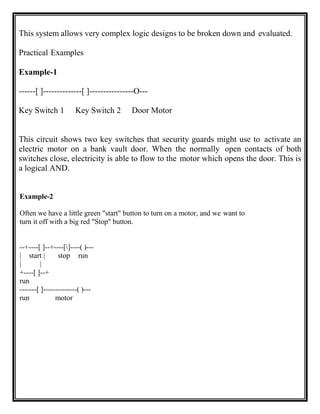 This system allows very complex logic designs to be broken down and evaluated.
Practical Examples
Example-1
------[ ]--------------[ ]----------------O---
Key Switch 1 Key Switch 2 Door Motor
This circuit shows two key switches that security guards might use to activate an
electric motor on a bank vault door. When the normally open contacts of both
switches close, electricity is able to flow to the motor which opens the door. This is
a logical AND.
Example-2
Often we have a little green "start" button to turn on a motor, and we want to
turn it off with a big red "Stop" button.
--+----[ ]--+----[]----( )---
| start | stop run
| |
+----[ ]--+
run
-------[ ]--------------( )---
run motor
Example With PLC
 