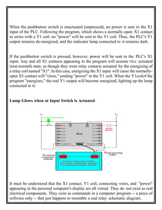 When the pushbutton switch is unactuated (unpressed), no power is sent to the X1
input of the PLC. Following the program, which shows a normally-open X1 contact
in series with a Y1 coil, no "power" will be sent to the Y1 coil. Thus, the PLC's Y1
output remains de-energized, and the indicator lamp connected to it remains dark.
If the pushbutton switch is pressed, however, power will be sent to the PLC's X1
input. Any and all X1 contacts appearing in the program will assume t h e actuated
(non-normal) state, as though they were relay contacts actuated by the energizing of
a relay coil named "X1". In this case, energizing the X1 input will cause the normally-
open X1 contact will "close," sending "power" to the Y1 coil. When the Y1coilof the
program "energizes," the real Y1 output will become energized, lighting up the lamp
connected to it:
Lamp Glows when at Input Switch is Actuated
It must be understood that the X1 contact, Y1 coil, connecting wires, and "power"
appearing in the personal computer's display are all virtual. They do not exist as real
electrical components. They exist as commands in a computer program -- a piece of
software only -- that just happens to resemble a real relay schematic diagram.
 