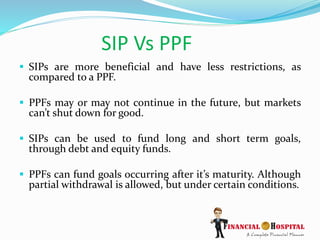 SIP Vs PPF
 SIPs are more beneficial and have less restrictions, as
compared to a PPF.
 PPFs may or may not continue in the future, but markets
can’t shut down for good.
 SIPs can be used to fund long and short term goals,
through debt and equity funds.
 PPFs can fund goals occurring after it’s maturity. Although
partial withdrawal is allowed, but under certain conditions.
 