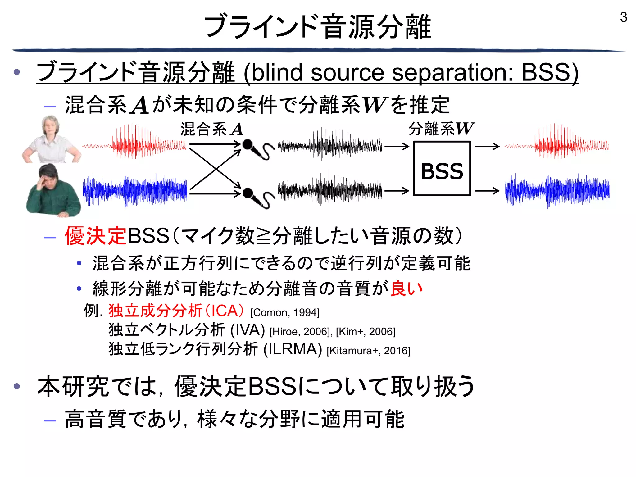 3
• ブラインド音源分離 (blind source separation: BSS)
– 混合系 が未知の条件で分離系 を推定
– 優決定BSS（マイク数≧分離したい音源の数）
• 混合系が正方行列にできるので逆行列が定義可能
• 線形分離が可能なため分離音の音質が良い
• 本研究では，優決定BSSについて取り扱う
– 高音質であり，様々な分野に適用可能
ブラインド音源分離
例. 独立成分分析（ICA） [Comon, 1994]
例. 独立ベクトル分析 (IVA) [Hiroe, 2006], [Kim+, 2006]
例. 独立低ランク行列分析 (ILRMA) [Kitamura+, 2016]
混合系
BSS
分離系
 