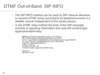 DTMF Out-of-Band  SIP INFO The SIP INFO method can be used by SIP network elements to transmit DTMF tones out-of-band as telephone-events in a reliable manner independent of the media stream. In the DTMF relay method the body of the SIP message consists of signaling information and uses the content-type application/dtmf-relay  INFO  sip:7007471000@example.com SIP/2.0  Via: SIP/2.0/UDP alice.uk.example.com:5060  From: <sip:7007471234@alice.uk.example.com>;tag=d3f423d  To: <sip:7007471000@example.com>;tag=8942  Call-ID: 312352@myphone  CSeq: 5 INFO  Content-Length: 24  Content-Type: application/dtmf-relay  Signal=5  Duration=160  