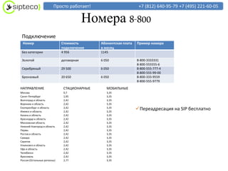Просто работает!                          +7 (812) 640-95-79 +7 (495) 221-60-05

                                          Номера 8-800
 Подключение
 Номер                       Стоимость       Абонентская плата   Пример номера
                             подключения     в месяц
 Без категории               4 956           1145

 Золотой                     договорная      6 050               8-800-3333331
                                                                 8-800-555555-6
 Серебряный                  29 500          6 050               8-800-555-777-4
                                                                 8-800-555-99-00
 Бронзовый                   20 650          6 050               8-800-333-9559
                                                                 8-800-555-9779

НАПРАВЛЕНИЕ                   СТАЦИОНАРНЫЕ      МОБИЛЬНЫЕ
Москва                        0,7               3,35
Санкт-Петербург               1,95              3,35
Волгоград и область           2,42              3,35
Воронеж и область             2,42              3,35
Екатеринбург и область
Ижевск и область
                              2,42
                              2,42
                                                3,35
                                                3,35
                                                                 Переадресация на SIP бесплатно
Казань и область              2,42              3,35
Краснодар и область           2,42              3,35
Московская область            2,42              3,35
Нижний Новгород и область     2,42              3,35
Пермь                         2,42              3,35
Ростов и область              2,42              3,35
Самара                        2,42              3,35
Саратов                       2,42              3,35
Ульяновск и область           2,42              3,35
Уфа и область                 2,42              3,35
Челябинск                     2,42              3,35
Ярославль                     2,42              3,35
Россия (Остальные регионы)    2,77              3,35
 