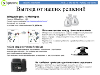 Просто работает!                                 +7 (812) 640-95-79 +7 (495) 221-60-05


            Выгода от наших решений
Выгодные цены на межгород
Россия от 0,33 руб/мин с НДС.
Полный список тарифов на http://sipteco.ru/price/mgmn/
Бесплатный тест качества.
В среднем наши клиенты экономят 50 000 в год .


                                               Бесплатная связь между офисами компании
                                               Объединение офисов компании в единую телефонную сеть позволяет
                                               бесплатно звонить между офисами по коротким номерам.
                                               Звонки в города, в которых находятся офисы, также могут быть
                                               бесплатными.
                                               Подключение офисов осуществляется через Интернет по шифрованному
                                               туннелю VPN.

Номер сохраняется при переезде
Большинство операторов связи поддерживают подключение существующих
номеров через Интернет. При переезде мы подключим
ваш старый номер на новом месте.
Либо вы можете заказать новый номер, независимый от местоположения, у нас.



                                      Не требуется прокладка дополнительных проводов
                                      Все решения работают через существующую компьютерную сеть.
                                      IP телефоны, которые мы предлагаем, имеют два порта Ethernet, что позволяет
                                      использовать существующее подключение компьютера к LAN.
 