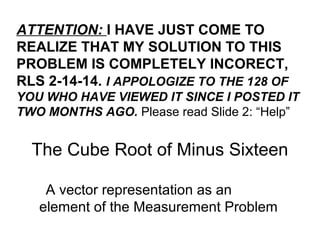 ATTENTION: I HAVE JUST COME TO
REALIZE THAT MY SOLUTION TO THIS
PROBLEM IS COMPLETELY INCORECT,
RLS 2-14-14. I APPOLOGIZE TO THE 128 OF
YOU WHO HAVE VIEWED IT SINCE I POSTED IT
TWO MONTHS AGO. Please read Slide 2: “Help”

The Cube Root of Minus Sixteen
A vector representation as an
element of the Measurement Problem

 