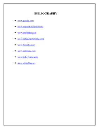 BIBLIOGRAPHY
 www.google.com
 www.mutuslfundsindia.com
 www.amfiindia.com
 www.valuesearchonline.com
 www.bseindia.com
 www.axisbank.com
 www.policybazar.com
 www.slideshare.net
 