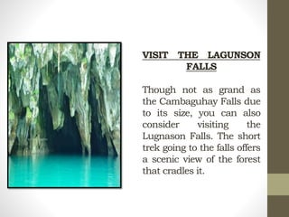 VISIT THE LAGUNSON
FALLS
Though not as grand as
the Cambaguhay Falls due
to its size, you can also
consider visiting the
Lugnason Falls. The short
trek going to the falls offers
a scenic view of the forest
that cradles it.
 