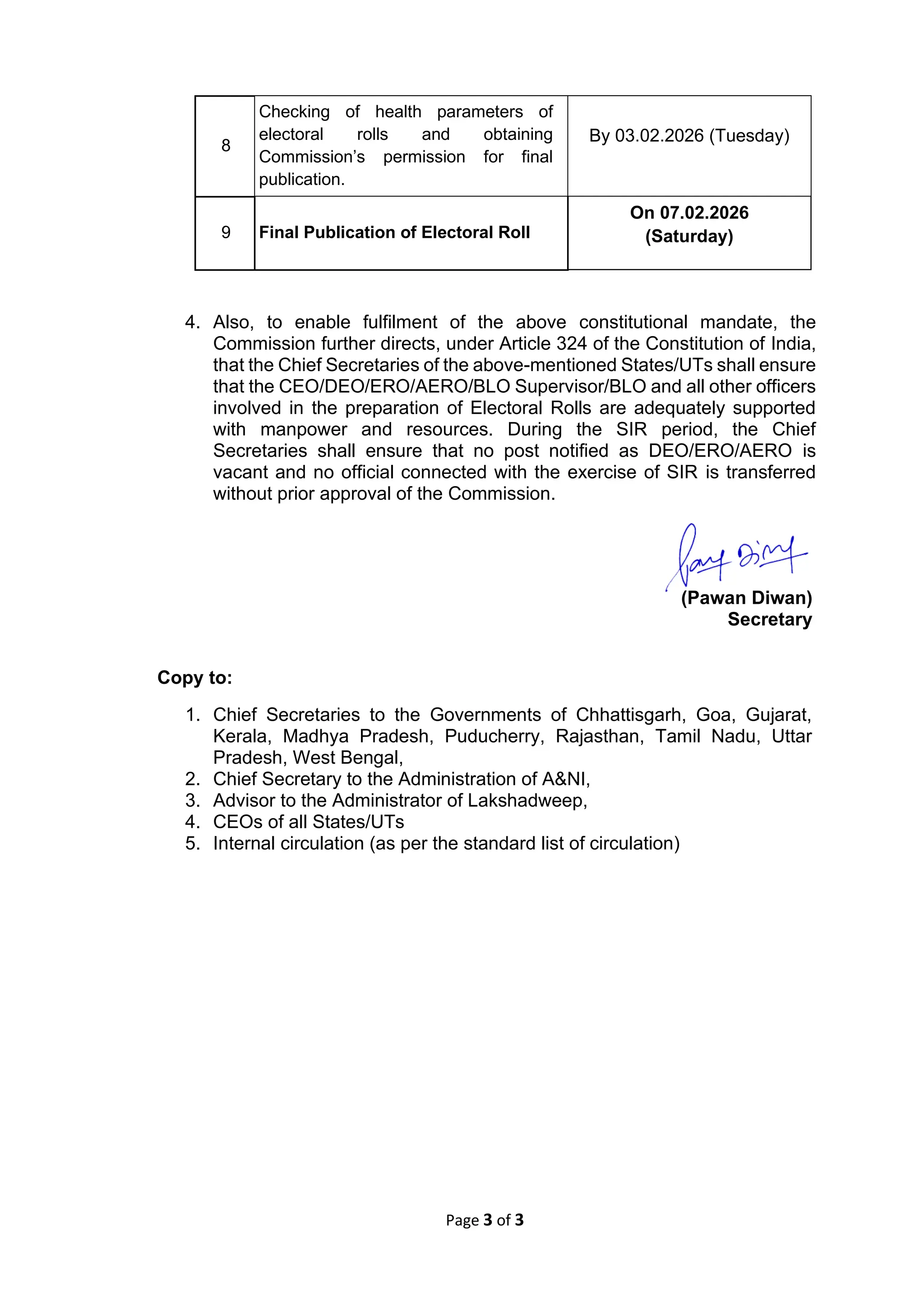 Page 3 of 3
8
Checking of health parameters of
electoral rolls and obtaining
Commission’s permission for final
publication.
By 03.02.2026 (Tuesday)
9 Final Publication of Electoral Roll
On 07.02.2026
(Saturday)
4. Also, to enable fulfilment of the above constitutional mandate, the
Commission further directs, under Article 324 of the Constitution of India,
that the Chief Secretaries of the above-mentioned States/UTs shall ensure
that the CEO/DEO/ERO/AERO/BLO Supervisor/BLO and all other officers
involved in the preparation of Electoral Rolls are adequately supported
with manpower and resources. During the SIR period, the Chief
Secretaries shall ensure that no post notified as DEO/ERO/AERO is
vacant and no official connected with the exercise of SIR is transferred
without prior approval of the Commission.
(Pawan Diwan)
Secretary
Copy to:
1. Chief Secretaries to the Governments of Chhattisgarh, Goa, Gujarat,
Kerala, Madhya Pradesh, Puducherry, Rajasthan, Tamil Nadu, Uttar
Pradesh, West Bengal,
2. Chief Secretary to the Administration of A&NI,
3. Advisor to the Administrator of Lakshadweep,
4. CEOs of all States/UTs
5. Internal circulation (as per the standard list of circulation)
 