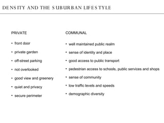 DENSITY AND THE SUBURBAN LIFESTYLE •  front door  •  private garden •  off-street parking •  not overlooked •  good view and greenery quiet and privacy secure perimeter well maintained public realm  sense of identity and place  good access to public transport pedestrian access to schools, public services and shops sense of community low traffic levels and speeds  demographic diversity PRIVATE COMMUNAL 