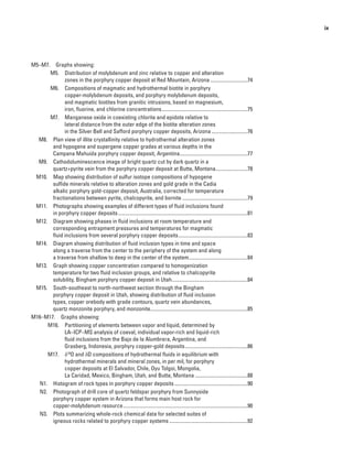 ix
	M5–M7.  Graphs showing:
	 M5.  Distribution of molybdenum and zinc relative to copper and alteration
zones in the porphyry copper deposit at Red Mountain, Arizona..............................74
	 M6.  Compositions of magmatic and hydrothermal biotite in porphyry
copper-molybdenum deposits, and porphyry molybdenum deposits,
and magmatic biotites from granitic intrusions, based on magnesium,
iron, fluorine, and chlorine concentrations....................................................................75
	 M7.  Manganese oxide in coexisting chlorite and epidote relative to
lateral distance from the outer edge of the biotite alteration zones
in the Silver Bell and Safford porphyry copper deposits, Arizona.............................76
	 M8.  Plan view of illite crystallinity relative to hydrothermal alteration zones
and hypogene and supergene copper grades at various depths in the
Campana Mahuida porphyry copper deposit, Argentina......................................................77
	 M9.  Cathodoluminescence image of bright quartz cut by dark quartz in a
quartz+pyrite vein from the porphyry copper deposit at Butte, Montana..........................78
	 M10.  Map showing distribution of sulfur isotope compositions of hypogene
sulfide minerals relative to alteration zones and gold grade in the Cadia
alkalic porphyry gold-copper deposit, Australia, corrected for temperature
fractionations between pyrite, chalcopyrite, and bornite....................................................79
	 M11.  Photographs showing examples of different types of fluid inclusions found
in porphyry copper deposits......................................................................................................81
	 M12.  Diagram showing phases in fluid inclusions at room temperature and
corresponding entrapment pressures and temperatures for magmatic
fluid inclusions from several porphyry copper deposits.......................................................83
	 M14.  Diagram showing distribution of fluid inclusion types in time and space
along a traverse from the center to the periphery of the system and along
a traverse from shallow to deep in the center of the system...............................................84
	 M13.  Graph showing copper concentration compared to homogenization
temperature for two fluid inclusion groups, and relative to chalcopyrite
solubility, Bingham porphyry copper deposit in Utah............................................................84
	 M15.  South-southeast to north-northwest section through the Bingham
porphyry copper deposit in Utah, showing distribution of fluid inclusion
types, copper orebody with grade contours, quartz vein abundances,
quartz monzonite porphyry, and monzonite............................................................................85
	M16–M17.  Graphs showing:
	 M16.  Partitioning of elements between vapor and liquid, determined by
LA–ICP–MS analysis of coeval, individual vapor-rich and liquid-rich
fluid inclusions from the Bajo de la Alumbrera, Argentina, and
Grasberg, Indonesia, porphyry copper-gold deposits..................................................86
	 M17.  δ18
O and δD compositions of hydrothermal fluids in equilibrium with
hydrothermal minerals and mineral zones, in per mil, for porphyry
copper deposits at El Salvador, Chile, Oyu Tolgoi, Mongolia,
La Caridad, Mexico, Bingham, Utah, and Butte, Montana..........................................88
	 N1.  Histogram of rock types in porphyry copper deposits..........................................................90
	 N2.  Photograph of drill core of quartz feldspar porphyry from Sunnyside
porphyry copper system in Arizona that forms main host rock for
copper-molybdenum resource..................................................................................................90
	 N3.  Plots summarizing whole-rock chemical data for selected suites of
igneous rocks related to porphyry copper systems..............................................................92
 