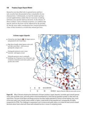 Figure U3.  Map of Arizona showing the distribution of known porphyry copper deposits, Laramide-age (coeval) igneous
rocks, post-Laramide cover, and areas where mineral development is restricted by population growth or other land-use
restrictions. This part of the Basin and Range province has been highly extended by Tertiary normal faulting; thus, much
of the area under cover should contain similar or higher crustal levels to that exposed and, consequently, be highly
prospective for PCDs. The challenge in assessment, and in science and public policy, is to make the best science-based
decisions about how to deal with these well-endowed terrains in areas of competing needs.
Arizona copper deposits
Arizona has most deposits ( ), the largest reserves
and potential for the United States
Map shows broadly related igneous rocks (red)
and older rocks (blue)—white areas are
geologically younger cover
Geologically permissive area is more
restricted—and largely covered
Politically permissive area is continually
shrinking, now 50 percent or less of the total—due
to land-use restrictions (reservation, parks), urban
growth, and so forth
Based on Reynolds (1989) and various public sources
0 150 KILOMETERS10050
0 50 100 150 MILES
N
130   Porphyry Copper Deposit Model
themselves are described only in general terms and have
only recently been documented as have remarkably diverse
characteristics. Unfortunately, we lack the modern geologi-
cal and supplementary studies that are necessary to making
informed, area-specific land-use decisions. In the absence of
direct evidence, such as mineral occurrence, it is unlikely that
specific land-use decisions will be influenced by the possibil-
ity that the areas under consideration have mineral potential by
virtue of their location in a world-class mineral province.
 