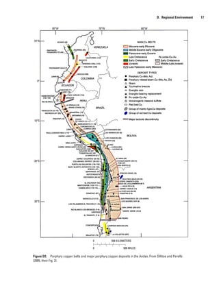 Figure D2.  Porphyry copper belts and major porphyry copper deposits in the Andes. From Sillitoe and Perelló
(2005, their Fig. 2).
0 500 KILOMETERS
0 500 MILES
30°S
20°S
10°S
0°
10°N
80°W 70°W 60°W
D.  Regional Environment    17
 
