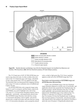 Potassic and weak phyllic alteration in andesite
Potassic alteration in andesite
Potassic and phyllic alteration in S.C.P.
Weak altered L.F.P. and porphyry dikes
Propylitic alteration boundary
0.4 percent copper isograde
EXPLANATION
29°56′40″N
55°52′20″E
0 400200 600 METERS
0 1,000 2,000 FEET
Figure F12.  Detailed alteration and lithologic map of the Sar-Cheshmeh deposit, Iran (modified from Waterman and
Hamilton, 1975; Hezarkhani, 2006). SCP, Sar-Cheshmeh porphyry; LFP, latite feldspar porphyry.
46   Porphyry Copper Deposit Model
The 13/12 band ratio of AST_05 TIR ASTER data was
used to map silica-rich rocks. In order to define silica-rich
rocks in the 13/12 band ratio gray-scale image, a threshold
of ratio values greater than 1.075 was applied to the data.
The threshold value was determined from mapping silicified
rocks using 13/12 ratios at calibration sites in Goldfield and
Cuprite, Nevada.
An ASTER SWIR false color composite image using
bands 4, 6, and 8 in red green, and blue bands, respectively
(ASTER468), was used to highlight rocks with strong
2.20- and 2.31–2.32-micrometer absorption features such as
argillically-, sericitically-, and propylitically-altered rocks.
The ASTER468 image illustrates rocks that have strong
2.2-micrometer absorption, such as argillic- and sericite-
altered rocks, as light red to pink, and rocks that have strong
2.31–2.32-micrometer absorption, such as propylitic-altered
rocks, as dark to light green (fig. F14). Green vegetation
appears as dark red in the ASTER468 image (fig. F14).
Description and Interpretation of ASTER468 Image and
ASTER Alteration Minerals Map
A false color ASTER468 image of the Sar Cheshmeh
region illustrates elliptical to circular cores of sericitically- and
argillically-altered rocks around the Sar Cheshmeh mine, the
Seridune prospect, and the Darrehzar mine (fig. F14). More
subtle argillically- and sericitically-altered areas are high-
lighted in the ASTER468 image to the northwest (fig. F14,
location 1), south (fig. F14, location 2), and southwest
(fig. F14, location 3) of the Sar Cheshmeh mine. In addition,
there are linear patterns of sericitically- and advanced argilli-
cally-altered rocks to the northeast and southwest of location 3
and to the west of location 2. Propylitically-altered rocks
 