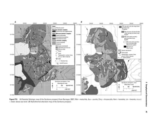 Figure F13.  (A) Detailed lithologic map of the Seridune prospect (from Barzegar, 2007). Mal = malachite, Azu = azurite, Chry = chrysocolla, Hem = hematite, Lm = limonite, m.a.s.l.
= meter above sea level. (B) Hydrothermal alteration map of the Seridune prospect.
A B
Seridune prospect, Iran
Geological mapN
0 250 500 METERS
0 1,500 FEET
Seridune prospect, Iran
Alteration mapN
0 250 500 METERS
0 1,500 FEET
3317500
3317000
3316500
3316000
3315500
3314500
3314000
3315000
396000395500395000394500394000393500
3317500
3317000
3316500
3316000
3315500
3314500
3314000
3315000
396000395500395000394500394000393500
Cover
Alluvial gravel
Pliocene volcanic complex
Dacite lava and agglomerate
Upper-Miocene plutonic complex
Quartz monzonite
Eocene volcanic complex
Trachy andesite
Andesite
Granodiorite porphyry
Granodiorite stock
Quartz stockwork
Hydrothermal breccia
Breccia dike
Road
Fault
DDH
Section line
Joint/Fracture
Topographic contour lines
(m.a.s.l.) 50 m interval
(Chl+ep+qtz+cal+ab+mag+hem+
py±ser±ccp)
Propylitic
(Qtz+ab+ser+chl+kln+lll+dkt
+smc+py+gt+jrs+hem±ccp)
Argillic
(Qtz+aln+naln+pri+kln±
py±ccp±hem±ccp)
Argillic
(Qtz+aln+naln+pri+kln±
py±ccp±hem±dkt)
Advanced-argillic
(Qtz+pri+or)
Silicic zone
Quartz stockwork
Pyrite shell
Cross section
Topographic contour lines
(m.a.s.l.) 50 m interval
F. GeophysicalCharacteristics  47
 