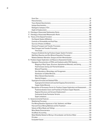 vi
Grain Size..............................................................................................................................................91
Petrochemistry.....................................................................................................................................91
Trace-Element Geochemistry............................................................................................................97
Isotope Geochemistry.......................................................................................................................100
Radiogenic Isotopes of Ore .............................................................................................................106
Depth of Emplacement......................................................................................................................107
O.  Petrology of Associated Sedimentary Rocks .................................................................................107
P.  Petrology of Associated Metamorphic Rocks ................................................................................107
Q.  Theory of Ore Deposit Formation ......................................................................................................108
Ore Deposit System Affiliations ......................................................................................................108
Controls on Permeability and Fluid Flow........................................................................................109
Sources of Fluids and Metals..........................................................................................................109
Chemical Transport and Transfer Processes................................................................................112
Heat Transport and Transfer Processes........................................................................................113
Time Scale..................................................................................................................................113
Pressure Gradients During Porphyry Copper System Formation..............................................114
Wall-Rock Reaction and Ore-Mineral Deposition Processes ...................................................114
Relation Between Alteration, Gangue and Vein Mineralization................................................115
R.  Porphyry Copper Exploration and Resource Assessment Guides ...............................................116
Hypogene Characteristics of PCDs and Gradients within PCD Systems.................................116
Mapping of Rock Types, Structure, Hydrothermal Minerals, and Zoning.......................116
Fluid Inclusion Zoning and Thermal Gradients ...................................................................117
Mineral Properties....................................................................................................................117
Vein Abundance, Mineralogy, and Paragenesis.................................................................117
Distribution of Sulfide Minerals..............................................................................................117
Minor-Element Geochemistry.................................................................................................117
Spectral Imagery......................................................................................................................120
Supergene-Enriched and Oxidized PCDs......................................................................................120
Supergene Enrichment and Leached Capping Characteristics........................................120
Copper-Oxide Minerals ...........................................................................................................120
Recognition of Permissive Terrain for Porphyry Copper Exploration and Assessment.........121
Postmineralization Cover and Proximity to Porphyry Copper Deposits...........................121
Regional Structure and Intrusion Emplacement.................................................................121
Continental-Scale Permissive Terrains ................................................................................121
Depth Limitations......................................................................................................................121
S.  Geoenvironmental Features ...............................................................................................................122
Weathering Processes.....................................................................................................................122
Pre-Mining Baseline Signatures in Soil, Sediment, and Water ................................................123
Past and Future Mining Methods and Ore Treatment ................................................................124
Volume of Mine Waste and Tailings ..............................................................................................124
Mine Waste Characteristics ...........................................................................................................124
Acid/Base Accounting .....................................................................................................................124
Metal Mobility Related to Mining in Groundwater and Surface Water ...................................124
Pit Lakes .............................................................................................................................................124
Ecosystem Issues .............................................................................................................................125
 