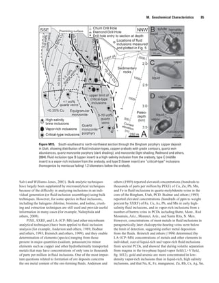 Figure M15.  South-southeast to north-northwest section through the Bingham porphyry copper deposit
in Utah, showing distribution of fluid inclusion types, copper orebody with grade contours, quartz vein
abundances, quartz monzonite porphyry (dark shading), and monzonite (light shading; Redmond and others,
2004). Fluid inclusion type B (upper insert) is a high-salinity inclusion from the orebody, type C (middle
insert) is a vapor-rich inclusion from the orebody, and type D (lower insert) are “critical-type” inclusions
(homogenize by meniscus fading) 1.2 kilometers below the orebody.
M.  Geochemical Characteristics   85
Salvi and Williams-Jones, 2003). Bulk analytic techniques
have largely been supplanted by microanalytical techniques
because of the difficulty in analyzing inclusions in an indi-
vidual generation (or fluid inclusion assemblage) using bulk
techniques. However, for some species in fluid inclusions,
including the halogens chlorine, bromine, and iodine, crush-
ing and extraction techniques are still used and provide useful
information in many cases (for example, Nahnybida and
others, 2009).
PIXE, SXRF, and LA–ICP–MS (and other microbeam
analytical techniques) have been applied to fluid inclusion
analysis (for example, Anderson and others, 1989; Bodnar
and others, 1993; Heinrich and others, 1999), and they enable
determination of elements (species) ranging from those
present in major quantities (sodium, potassium) to minor
elements such as copper and other hydrothermally transported
metals that may have concentrations of only tens to thousands
of parts per million in fluid inclusions. One of the most impor-
tant questions related to formation of ore deposits concerns
the ore metal content of the ore-forming fluids. Anderson and
others (1989) reported elevated concentrations (hundreds to
thousands of parts per million by PIXE) of Cu, Zn, Pb, Mn,
and Fe in fluid inclusions in quartz-molybdenite veins in the
core of the Bingham, Utah, PCD. Bodnar and others (1993)
reported elevated concentrations (hundreds of ppm to weight
percent by SXRF) of Fe, Cu, As, Pb, and Mn in early high-
salinity fluid inclusions, and in vapor-rich inclusions from a
number of barren veins in PCDs including Butte, Mont., Red
Mountain, Ariz., Morenci, Ariz., and Santa Rita, N. Mex.
However, concentrations of most metals in fluid inclusions in
paragenetically later chalcopyrite-bearing veins were below
the limit of detection, suggesting earlier metal deposition
from the fluids. Heinrich and others (1999) determined (by
LA–ICP–MS) concentrations of metals and other elements in
individual, coeval liquid-rich and vapor-rich fluid inclusions
from several PCDs, and showed that during volatile separation
from magma in the two-phase liquid-vapor field (L+V field,
fig. M12), gold and arsenic are more concentrated in low-
density vapor-rich inclusions than in liquid-rich, high salinity
inclusions, and that Na, K, Fe, manganese, Zn, Rb, Cs, Ag, Sn,
 