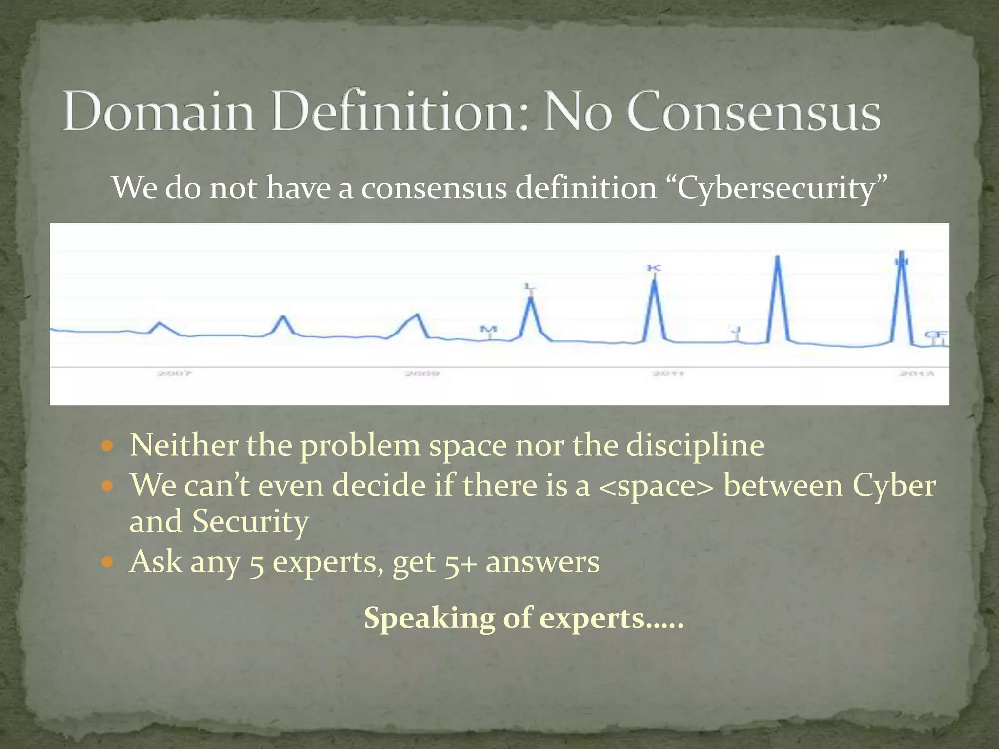 We do not have a consensus definition “Cybersecurity”
 Neither the problem space nor the discipline
 We can’t even decide if there is a <space> between Cyber
and Security
 Ask any 5 experts, get 5+ answers
Speaking of experts…..
 