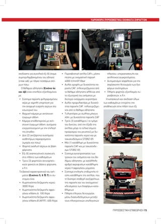 ΥΔΡΟΦΟΡΑ ΠΥΡΟΣΒΕΣΤΙΚΑ ΟΧΗΜΑΤΑ ΣΗΡΑΓΓΩΝ
σχεδίασης για συνολικά έξι (6) άτομα
συμπεριλαμβανομένου του οδηγού
(crew cab), με πάγκο τεσσάρων ατό-
μων πίσω.
Ο θάλαμος οδήγησης (Εικόνα 4α
και 4β) είναι επιπλέον εξοπλισμένος
με:
•	 Σύστημα παροχής φιλτραρισμένου
αέρα με χαμηλή υπερπίεση για
την αποφυγή εισροής αερίων στο
εσωτερικό του
•	 Θερμική κάμερα με αντίστοιχη
έγχρωμη οθόνη
•	 Κάμερα οπισθοπορείας με αντί-
στοιχη έγχρωμη οθόνη, αυτόματα
ενεργοποιούμενη με την επιλογή
της όπισθεν
•	 Δύο (2) ανεξάρτητα συστήματα
αισθητήρων παρκαρίσματος
(εμπρός και πίσω)
•	 Φορητό αναλυτή αέρίων σε βάση
φόρτισης
•	 Έξι (6) αναπνευστικές συσκευές
στις πλάτες των καθισμάτων
•	 Τρεις (3) φορητούς αντιεκρηκτι-
κούς φανούς σε βάσεις φόρτισης,
κ.λ.π.
Τα βασικά χαρακτηριστικά του οχή-
ματος (Εικόνες 5, 6 & 7) εν συ-
ντομία είναι:
•	 Χωρητικότητα δεξαμενής νερού:
3000 λίτρα
•	 Χωρητικότητα δεξαμενής αφρο-
γόνου κλάσης Α: 100 λίτρα
•	 Χωρητικότητα δεξαμενής αφρο-
γόνου κλάσης Β (AFFF): 400 λίτρα
•	 Πυροσβεστική αντλία CAFs, μέσης
πίεσης με ονομαστική παροχή
4000 lt/min@10bar
•	 Αυλός οροφής με δυνατότητα πα-
ροχής CAF, τηλεχειριζόμενος από
το θάλαμο οδήγησης αλλά και από
το εξωτερικό του οχήματος με
δεύτερο ενσύρματο χειριστήριο
•	 Αυλός προφυλακτήρα με δυνατό-
τητα παροχής CAF, τηλεχειριζόμε-
νος από το θάλαμο οδήγησης
•	 Τυλιγκτήρας με σωλήνα μήκους
40m, με δυνατότητα παροχής CAF
•	 Τρείς (3) καταθλίψεις ( το τμήμα
του δικτύου, από την έξοδο της
αντλίας μέχρι το τελικό σημείο
προορισμού του ρευστού) με δυ-
νατότητα παροχής νερού και με
ταχυσυνδέσμους STORZ-65
•	 Μία (1) κατάθλιψη με δυνατότητα
παροχής CAF και με ταχυσύνδε-
σμο STORZ-65
•	 Σύστημα αυτοπροστασίας των
τροχών του οχήματος και του θα-
λάμου οδήγησης, με κατάλληλο
αριθμό ακροφυσίων κατάθλιψης
νερού ή αφρογόνου μίγματος
•	 Σύστημα επιλογής επιθυμητής πί-
εσης κατάθλιψης της αντλίας, που
τη διατηρεί σταθερή ανεξαρτήτως
της παροχής και του ανοίγματος/
κλεισίματος των διαφόρων κατα-
θλίψεων
•	 Πλήρης έλεγχος λειτουργίας
μέσω διασυνδεδεμένων μεταξύ
τους ηλεκτρονικών υπολογιστών
πλαισίου, υπερκατασκευής και
αντλητικού συγκροτήματος,
•	 Αυτοματισμοί ασφαλείας για την
απρόσκοπτη λειτουργία των δια-
φόρων συστημάτων
•	 Πλήρης φορητός εξοπλισμός πυ-
ροσβεστών, κ.λ.π.
Η κατασκευή και σχεδίαση όλων
των καθισμάτων επιτρέπει την
αποθήκευση στην πλάτη τους έξι
6
5
4β4α
6
5
4β4α
ΠYPOΣBEΣTIKH EΠIΘEΩPHΣH 15
 