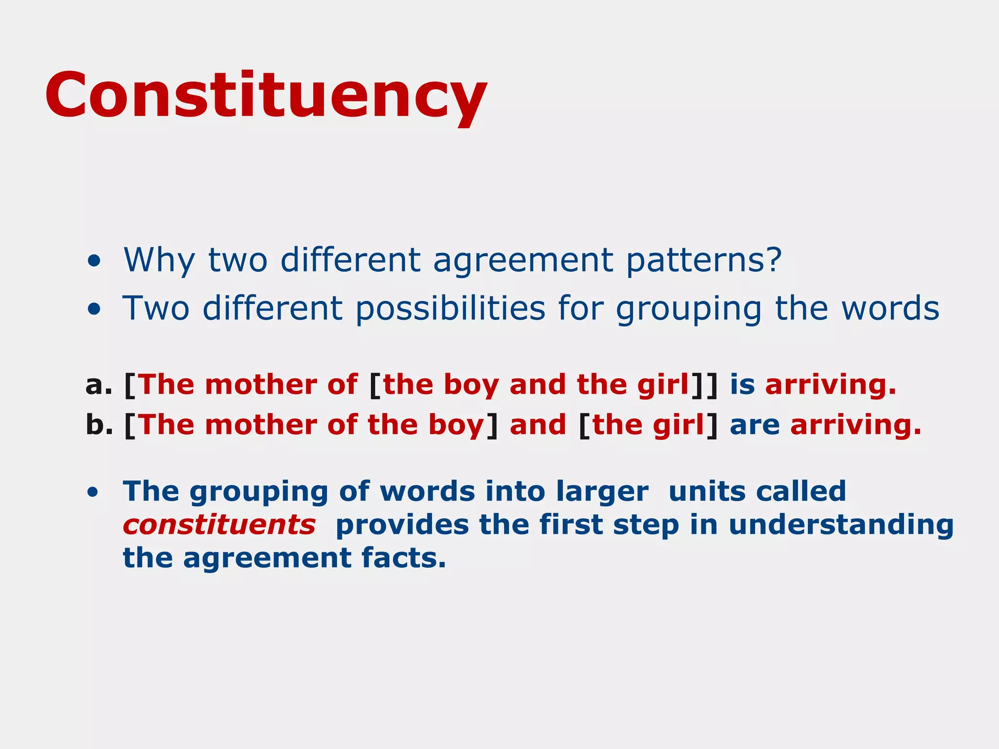 Constituency
• Why two different agreement patterns?
• Two different possibilities for grouping the words
a. [The mother of [the boy and the girl]] is arriving.
b. [The mother of the boy] and [the girl] are arriving.
• The grouping of words into larger units called
constituents provides the first step in understanding
the agreement facts.

 