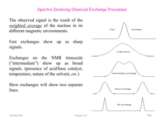 05/03/2018 Chapter 19 108
Spectra Involving Chemical Exchange Processes
The observed signal is the result of the
weighted average of the nucleus in its
different magnetic environments.
Fast exchanges show up as sharp
signals.
Exchanges on the NMR timescale
(“intermediate”) show up as broad
signals. (presence of acid/base catalyst,
temperature, nature of the solvent, etc.)
Slow exchanges will show two separate
lines.
 