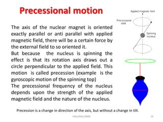Precessional motion
Precession is a change in direction of the axis, but without a change in tilt.
The axis of the nuclear magnet is oriented
exactly parallel or anti parallel with applied
magnetic field, there will be a certain force by
the external field to so oriented it.
But because the nucleus is spinning the
effect is that its rotation axis draws out a
circle perpendicular to the applied field. This
motion is called precession (example is the
gyroscopic motion of the spinning top)
The precessional frequency of the nucleus
depends upon the strength of the applied
magnetic field and the nature of the nucleus.
24SIRaJ/MSc/NMR
 