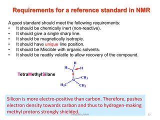 Requirements for a reference standard in NMR
A good standard should meet the following requirements:
• It should be chemically inert (non-reactive).
• It should give a single sharp line.
• It should be magnetically isotropic.
• It should have unique line position.
• It should be Miscible with organic solvents.
• It should be readily volatile to allow recovery of the compound.
TetraMethylSilane
Silicon is more electro-positive than carbon. Therefore, pushes
electron density towards carbon and thus to hydrogen-making
methyl protons strongly shielded.
H3C
Si
CH3
C
CH3
H
H
H
53SIRaJ/MSc/NMR
 