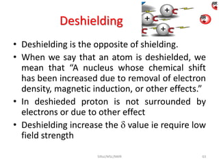 Deshielding
• Deshielding is the opposite of shielding.
• When we say that an atom is deshielded, we
mean that “A nucleus whose chemical shift
has been increased due to removal of electron
density, magnetic induction, or other effects.”
• In deshieded proton is not surrounded by
electrons or due to other effect
• Deshielding increase the  value ie require low
field strength
63SIRaJ/MSc/NMR
 
