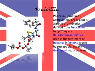 Penicillin  Penicillin (sometimes abbreviated PCN or pen) is a group of antibiotics derived from  Penicillium  fungi. They are  Beta-lactam antibiotics  used in the treatment of  bacterial   infections  caused by susceptible, usually  Gram-positive , organisms. 