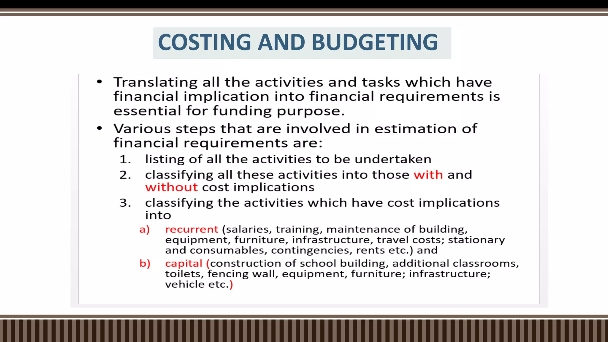 COSTING AND BUDGETING
 