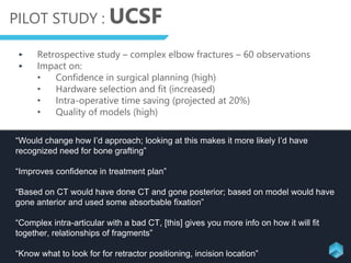 PILOT STUDY : UCSF
‣ Retrospective study – complex elbow fractures – 60 observations
‣ Impact on:
• Confidence in surgical planning (high)
• Hardware selection and fit (increased)
• Intra-operative time saving (projected at 20%)
• Quality of models (high)
“Would change how I’d approach; looking at this makes it more likely I’d have
recognized need for bone grafting”
“Improves confidence in treatment plan”
“Based on CT would have done CT and gone posterior; based on model would have
gone anterior and used some absorbable fixation”
“Complex intra-articular with a bad CT, [this] gives you more info on how it will fit
together, relationships of fragments”
“Know what to look for for retractor positioning, incision location”
 