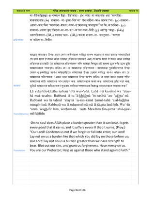 Avqv‡Zi aiY cweÎ †KviAv‡bi AvqvZ - evsjv ZiRgv - Bs‡iwR ZiRgv AvqvZ bs
cÖwZeY©vqb
jv-BDKvwjødzjøv-û bvdQvb Bjøv- DQÔAvnv- ( ) jvnv-gv KvQvevZ Iqv ÔAvjvBnv-
gvK&ZvQvevZ ( ) iveŸvbv- jv-ZzAv-wLh bv˜ Bb& bvQxbv-AvI AvLZ vÕbv- ( ) iveŸvbv-
Iqvjv-Zvn wgj ÔAvjvBbv-Bmivs Kvgv-n vgvjZvn~ Avjvjøvh xbv wgs K vewjbv- ( )
iveŸvbv-Iqvjv Zzn vw¤§j&bv-gv-jv-Z v-K vZv jvbv-wenx ( ) IqvÔdz ÔAvbœv- ( )
IqvMwdijvbv-( ) Iqvin vgbv- ( ) AvsZv gvIjv-bv- dvsmzibv- ÔAvjvj
K vIwgj Kv-wdixb|
ZiRgv
KvnviI Dci Ggb †Kvb Kó`vqK `vwqZ¡ Ac©Y K‡ib bv hvnv Zvnvi mva¨vZxZ|
†m fvj hvnv DcvR©b K‡i Zvnvi cÖwZdj ZvnviB Ges †m g›` hvnv DcvR©b K‡i Zvnvi
cÖwZdj ZvnviB| Ô†n Avgv‡`i cÖwZcvjK! hw` Avgiv we¯§„Z nB A_ev fyj Kwi Z‡e Zywg
Avgv‡`i‡K cvKovI KwiI bv| †n Avgv‡`i cÖwZcvjK ! Avgv‡`i c~e©ewZ©M‡Yi Dci
†hgb ¸i“`vwqZ¡ Ac©Y KwiqvwQ‡j Avgv‡`i Dci †Zgb `vwqZ¡ Ac©Y KwiI bv| †n
Avgv‡`i cÖwZcvjK ! Ggb fvi Avgv‡`i Dci Ac©Y KwiI bv hvnv enb Kivi kw³
Avgv‡`i bvB| Avgv‡`i cvc †gvPb Ki, Avgv‡`i‡K ¶gv Ki, Avgv‡`i cÖwZ `qv Ki,
ZywgB Avgv‡`i AwffveK| myZivs Kvwdi m¤úÖ`v‡qi wei“‡× Avgv‡`i‡K mvnvh¨ Ki|'
Transliteration
nafsan kasabat wa ‘alay-
mak-tasabat. khidh ’aw ’akh
wa ‘alal-ladh
wa bih. Wa‘-fu
wagh-fir ’Anta ‘alal-qaw-
Translation
every good that it earns, and it suffers every ill that it earns. (Pray:)
"Our Lord! Condemn us not if we forget or fall into error; our Lord!
Lay not on us a burden like that which You did lay on those before us;
Our Lord! lay not on us a burden greater than we have strength to
bear. Blot out our sins, and grant us forgiveness. Have mercy on us.
You are our Protector; Help us against those who stand against Faith."
Page No # 156
 