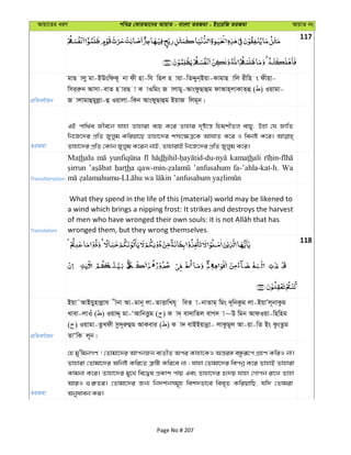 Avqv‡Zi aiY cweÎ †KviAv‡bi AvqvZ - evsjv ZiRgv - Bs‡iwR ZiRgv AvqvZ bs
117
cÖwZeY©vqb
gvQ vjy gv-BDswdK~ bv dx nv-wh wnj n vqv-wZÏyb&Bqv-KvgvQ vwj ixwn s dxnv-
wmi&iæb Avmv-evZ n viQ v K vIwgs R vjvgy-AvsdzQvûg dvAvn&jvKvZ&û ( ) Iqvgv-
R vjvgvûgyjøv-û Iqvjv-wKb AvsdyQvûg BqvR wjg~b|
ZiRgv
GB cvw_©e Rxe‡b hvnv Zvnviv e¨q K‡i Zvnvi `„óvš— wngkxZj evqy, Dnv †h RvwZ
wb‡R‡`i cÖwZ Ryjyg Kwiqv‡Q Zvnv‡`i km¨‡¶Î‡K AvNvZ K‡i I webó K‡i|
Zvnv‡`i cÖwZ †Kvb Ryjyg K‡ib bvB, ZvnvivB wb‡R‡`i cÖwZ Ryjyg K‡i|
Transliteration
Mathalu dh kamathali
tha ’anfusahum fa-’ahla-kat-h. Wa
Translation
What they spend in the life of this (material) world may be likened to
a wind which brings a nipping frost: It strikes and destroys the harvest
wronged them, but they wrong themselves.
118
cÖwZeY©vqb
Bqv˜AvBqynvjøvh xbv Av-gvb~ jv-ZvËvwLh~ weZ v-bvZvg& wgs `~wbKzg jv-BqvÕj~bvKzg
Lvev-jvIu ( ) IqvÏ~ gv-ÔAvwbËzg ( ) K v`& ev`vwZj evM` v~D wgb AvdIqv-wnwng
( ) Iqvgv-ZzLdx mz`~iæûg AvKevi ( ) K v` evBBqvbœv- jvKzgyj Av-qv-wZ Bs KzsZzg
ZvÔwK j~b|
ZiRgv
†n gy'wgbMY ! †Zvgv‡`i AvcbRb e¨ZxZ Aci Kvnv‡KI Aš—i½ eÜziƒ‡c MÖnY KwiI bv|
Zvnviv †Zvgv‡`i Awbó Kwi‡Z Î“wU Kwi‡e bv ; hvnv †Zvgv‡`i wecbœ K‡i ZvnvB Zvnviv
Kvgbv K‡i| Zvnv‡`i gy‡L we‡Øl cÖKvk cvq Ges Zvnv‡`i ü`q hvnv †Mvcb iv‡L Zvnv
AviI ¸i“Zi| †Zvgv‡`i Rb¨ wb`k©bmg~n wek`fv‡e wee„Z KwiqvwQ, hw` †Zvgiv
Abyaveb Ki|
Page No # 207
 