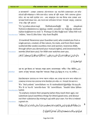 Avqv‡Zi aiY cweÎ †KviAv‡bi AvqvZ - evsjv ZiRgv - Bs‡iwR ZiRgv AvqvZ bs
ZiRgv
†n gvbegÊjx ! †Zvgiv †Zvgv‡`i cÖwZcvjK‡K fq Ki whwb †Zvgv‡`i‡K GK e¨w³
nB‡ZB m„wó Kwiqv‡Qb I whwb Zvnv nB‡Z Zvnvi ¯¿x m„wó K‡ib, whwb Zvnv‡`i `yBRb
nB‡Z eû bi-bvix QovBqv †`b ; Ges fq Ki huuvnvi bv‡g †Zvgiv G‡K
Ac‡ii wbKU hv”Tv Ki, Ges mZK© _vK ÁvwZeÜb m¤ú‡K©| wbðqB †Zvgv‡`i
Dci Zx¶è `„wó iv‡Lb|
Transliteration
Rabbakumulladh kh alaqakum
khalaqa wa bath-tha
th dh
Translation
O mankind! Reverence your Guardian-Lord, who created you from a
single person, created, of like nature, his mate, and from them twain
through whom you demand your mutual (rights), and (reverence) the
2
cÖwZeY©vqb
Iqv Av-Zzj BqvZv-gv˜AvgIqv-jvûg Iqvjv-ZvZvevÏvjyj& LvexQ v weË vBwqwe ( )
Iqvjv-ZvÕKzj~˜AvgIqv-jvûg Bjv˜AvgIqv-wjKyg ( ) Bbœvn~ Kv-bv û evs Kvexiv-|
ZiRgv
BqvZxg‡`i‡K Zvnv‡`i ab-m¤ú` mgc©Y Kwi‡e Ges fvji m‡½ g›` e`j Kwi‡e bv|
†Zvgv‡`i m¤ú‡`i m‡½ Zvnv‡`i m¤ú` wgkvBqv MÖvm KwiI bv ; wbðqB Bnv gnvcvc|
Transliteration
Wa wa tatabaddalul-kh tha
Wa
Translation
To orphans restore their property (when they reach their age), nor
substitute (your) worthless things for (their) good ones; and devour
not their substance (by mixing it up) with your own. For this is indeed
a great sin.
3
Page No # 246
 