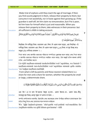 Avqv‡Zi aiY cweÎ †KviAv‡bi AvqvZ - evsjv ZiRgv - Bs‡iwR ZiRgv AvqvZ bs
Translation
Make trial of orphans until they reach the age of marriage; if then
you find sound judgment in them, release their property to them; but
consume it not wastefully, nor in haste against their growing up. If the
guardian is well-off, let him claim no remuneration, but if he is poor,
let him have for himself what is just and reasonable. When you
release their property to them, take witnesses in their presence: but
7
cÖwZeY©vqb
wji&wiRv-wj bvmxeyg& wg¤§v-ZvivKvj Iqv-wj`v-wb Iqvj AvK ive~bv, Iqv wjb&wbQv~B
bvmxeyg& wg¤§v-ZvivKvj Iqv-wj`v-wb Iqvj AvK ive~bv ( ) wg¤§v-K vjøv wgbû AvI
KvQziv ( ) bvmxevg& gvdiæ` v-|
ZiRgv
wcZv-gvZv Ges AvÍxq-¯^R‡bi cwiZ¨³ m¤úwË‡Z cyi“‡li Ask Av‡Q Ges wcZv-gvZv
I AvÍxq-¯^R‡bi cwiZ¨³ m¤úwË‡Z bvixiI Ask Av‡Q, Dnv AíB nDK A_ev †ewkB
nDK, GK wba©vwiZ Ask|
Transliteration
wa
qalla minhu
’aw kath
Translation
From what is left by parents and those nearest related there is a
share for men and a share for women, whether the property be small
or large, a determinate share.
8
cÖwZeY©vqb
Iqv Bh v-n v` ivj wK QgvZv Ejyj& Ky iev- Iqvj BqvZv-gv- Iqvj gvQv-Kxby
dviSyK‚ ûg wgbû IqvK‚ j~ûg K vIjvg gvÔiƒdv-|
ZiRgv
m¤úwË eÈbKv‡j AvÍxq, BqvZxg Ges AfveMÖ¯— †jvK Dcw¯’Z _vwK‡j Zvnv‡`i‡K Dnv
nB‡Z wKQy w`‡e Ges Zvnv‡`i m‡½ m`vjvc Kwi‡e|
Transliteration
Wa ’idh far-
Page No # 249
 
