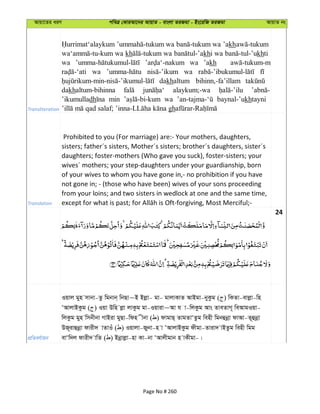 Avqv‡Zi aiY cweÎ †KviAv‡bi AvqvZ - evsjv ZiRgv - Bs‡iwR ZiRgv AvqvZ bs
Transliteration
wa wa ’akh
wa kh wa khi wa khti
wa wa ’akh
wa wa
dakhaltum bihinn,-fa’illam
dakhaltum-bihinna alaykum;-wa
’ikumulladh min wa baynal-’ukhtayni
gh
Translation
Prohibited to you (For marriage) are:- Your mothers, daughters,
sisters; father´s sisters, Mother´s sisters; brother´s daughters, sister´s
daughters; foster-mothers (Who gave you suck), foster-sisters; your
wives´ mothers; your step-daughters under your guardianship, born
of your wives to whom you have gone in,- no prohibition if you have
not gone in; - (those who have been) wives of your sons proceeding
from your loins; and two sisters in wedlock at one and the same time,
24
cÖwZeY©vqb
Iqvj gyn mvbv-Zz wgbvb& wbQv~B Bjøv- gv- gvjvKvZ AvBgv-byKzg ( ) wKZv-evjøv-wn
ÔAvjvBKzg ( ) Iqv Dwn jøv jvKzg gv-Iqviv~Av h v-wjKzg Avs ZveZvM~ weAvgIqv-
wjKzg gyn wmbxbv MvBiv gyQv-wdn xbv ( ) dvgvQ& ZvgZvÔZzg wenx wgbûbœv dvAv-Z~ûbœv
DR~ivûbœv dvix` vZvIu ( ) Iqvjv-Rybv-n v ÔAvjvBKzg dxgv-Zviv` vBZzg wenx wgg
evÔw`j dvix` vwZ ( ) Bbœvjøv-nv Kv-bv ÔAvjxgvb n vKxgv-|
Page No # 260
 